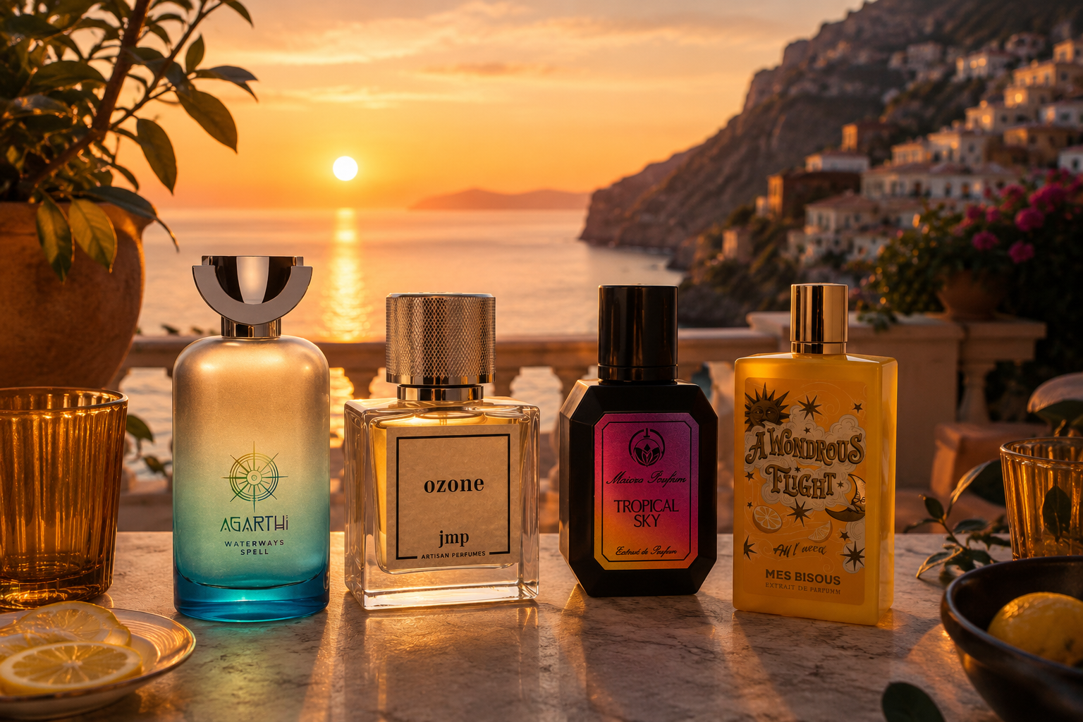 I migliori profumi per l'estate 2026 su terrazza mediterranea al tramonto vista mare con Waterways Spell Agarthi, Ozone JMP, Tropical Sky Maiora e A Wondrous Flight Mes Bisous