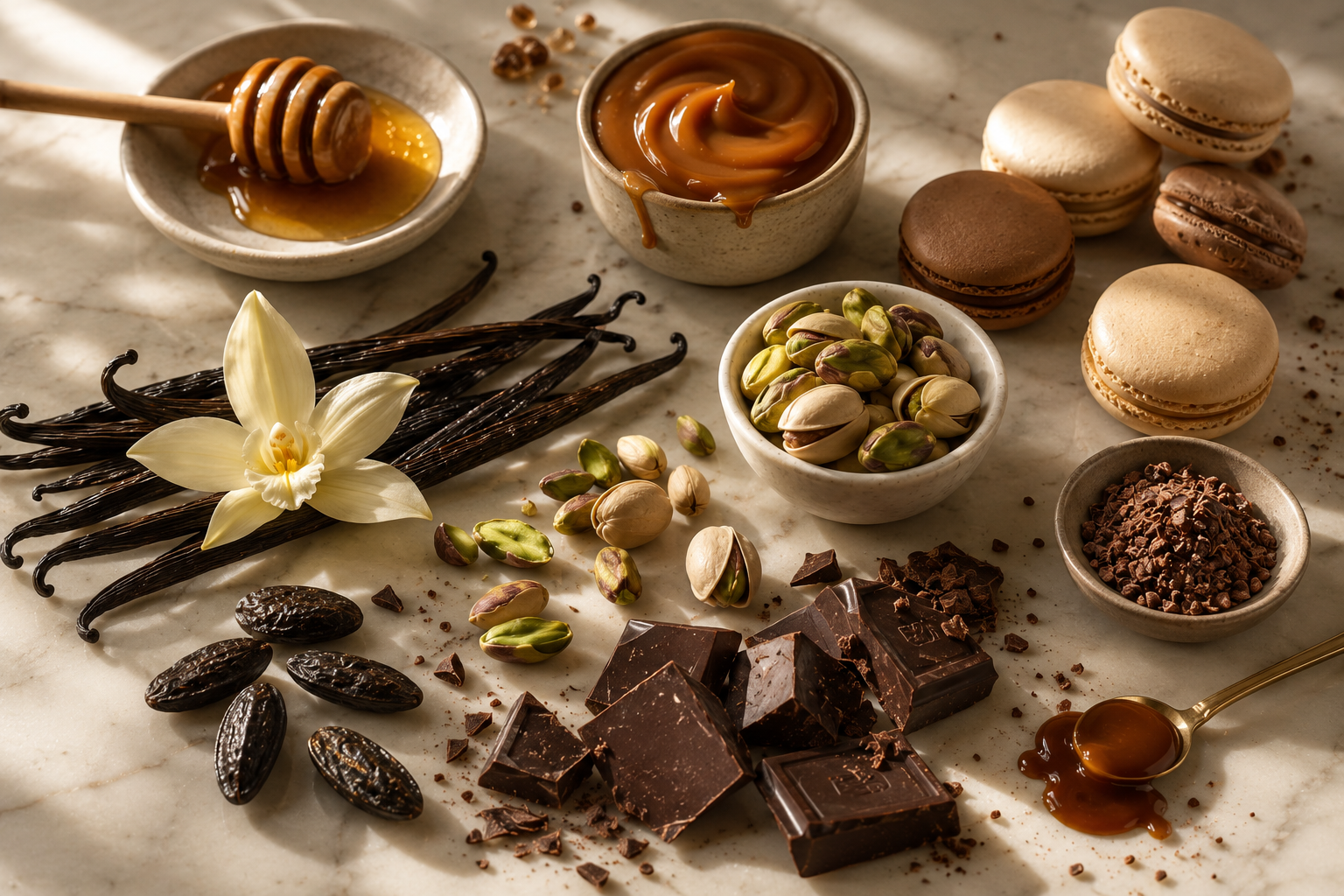 Dolci e ingredienti gourmet su marmo