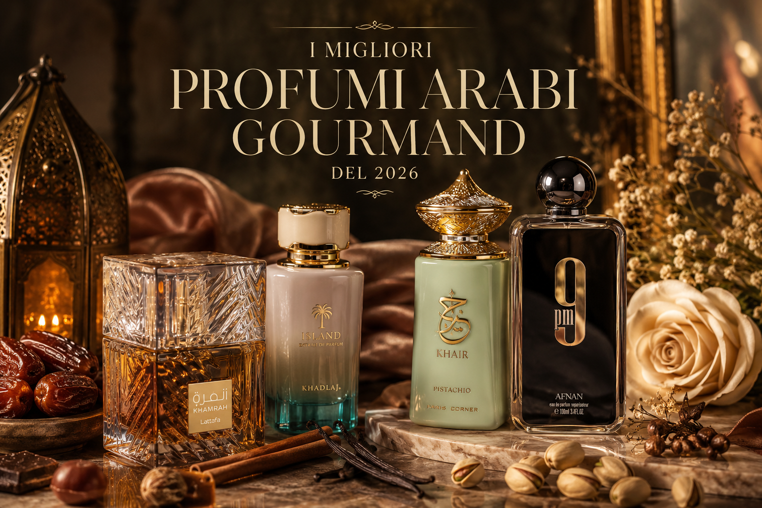 Hero image editoriale con i migliori profumi arabi gourmand del 2026 tra note di vaniglia, pistacchio, datteri e spezie orientali in ambientazione luxury calda ed elegante
