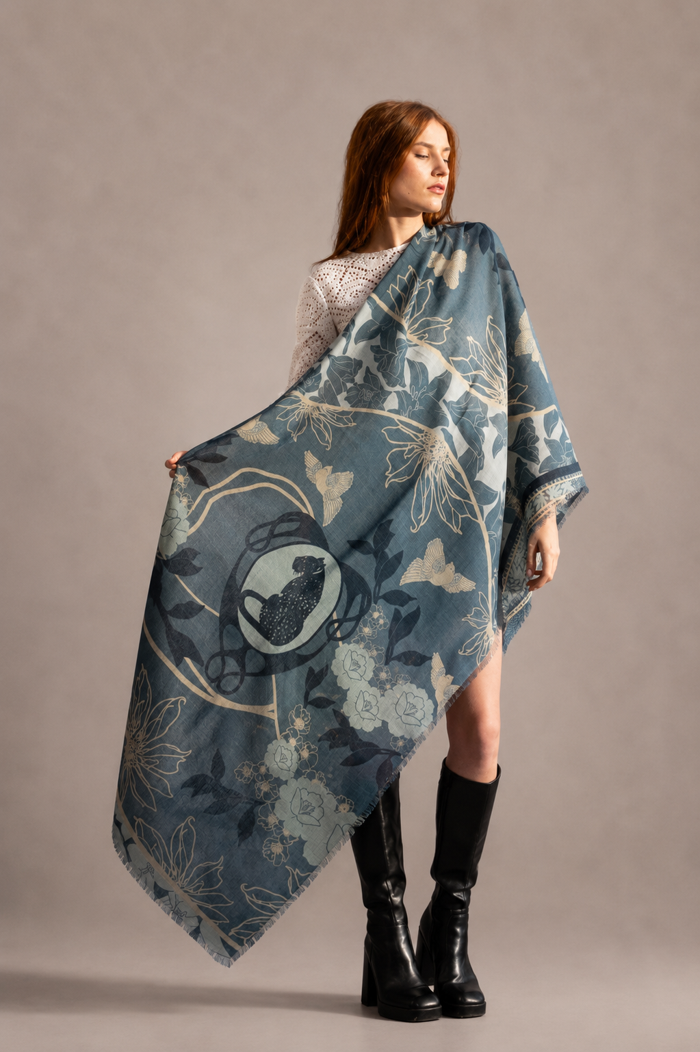 Brokante – Sciarpa in Cashmere, Lana e Seta – Leopardo Azzurro 200x70 cm