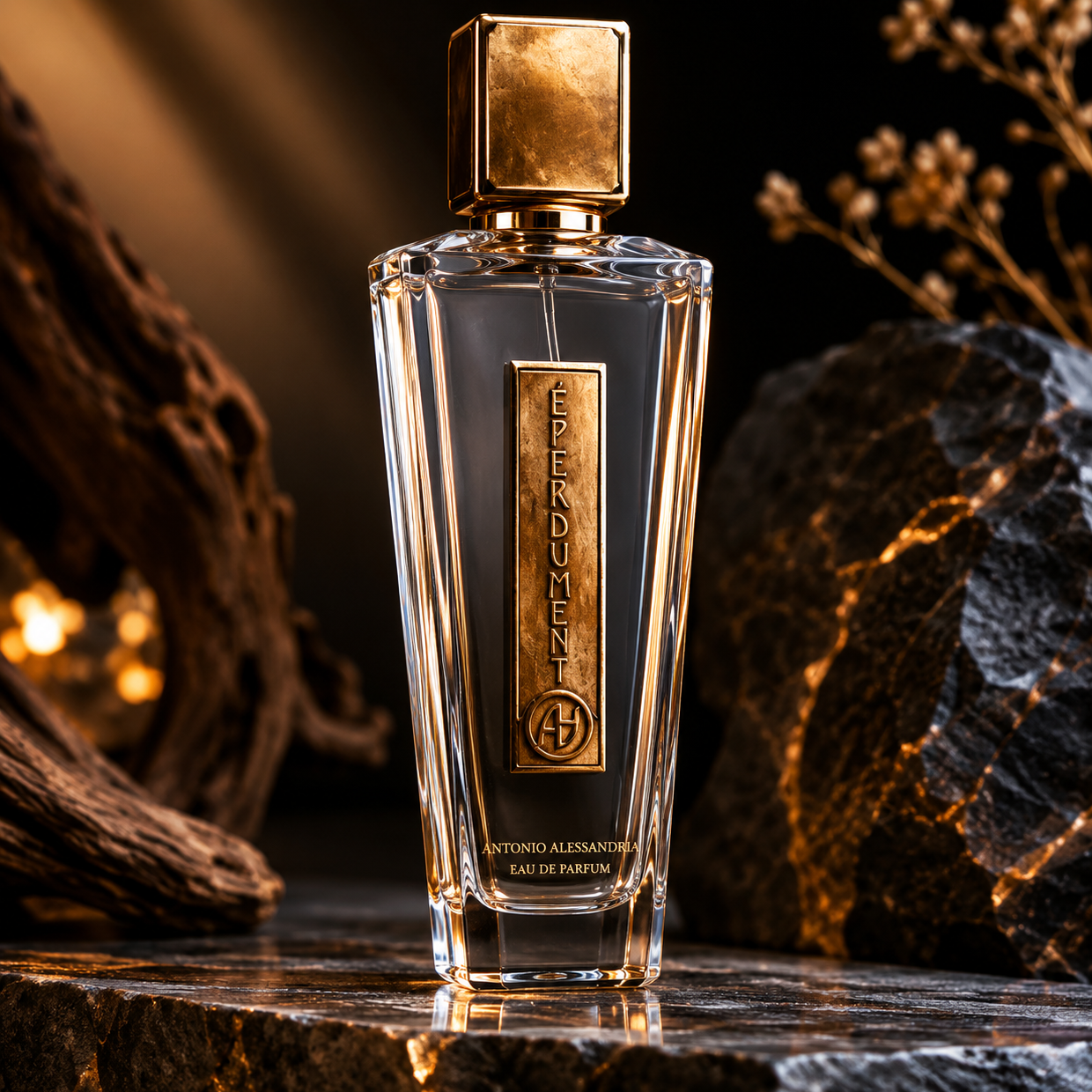 Antonio Alessandria Éperdument Eau de Parfum ambientato su fondo luxury con dettagli oro e illuminazione calda.