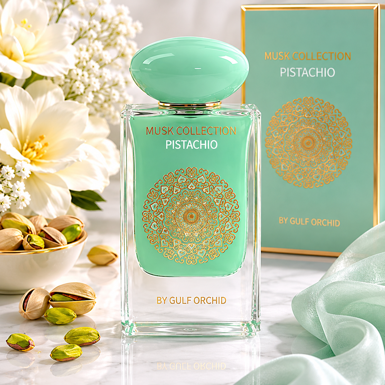 Gulf Orchid Pistachio Delight Eau de Parfum 60 ml profumo gourmand al pistacchio bottiglia elegante verde e oro