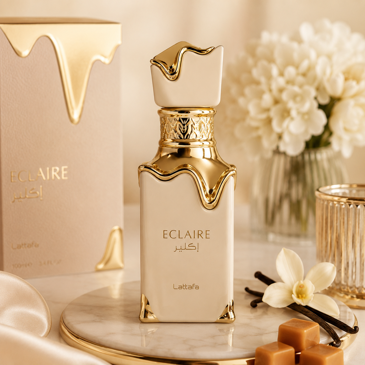 Lattafa Eclaire Eau de Parfum 100 ml profumo arabo donna gourmand bottiglia elegante crema e oro