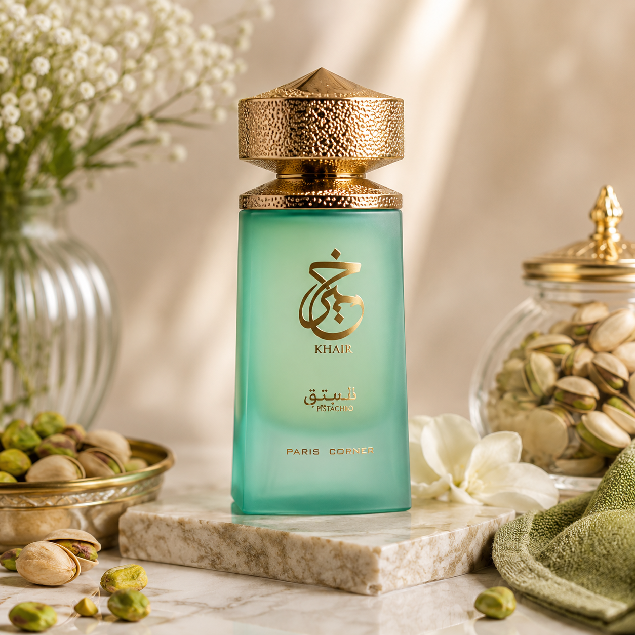 Paris Corner Khair Pistachio Eau de Parfum 100 ml profumo gourmand al pistacchio bottiglia elegante verde e oro