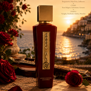 AMADO MIO Eau de Parfum Antonio Alessandria ambientato al tramonto sul mare con rose rosse e atmosfera romantica mediterranea