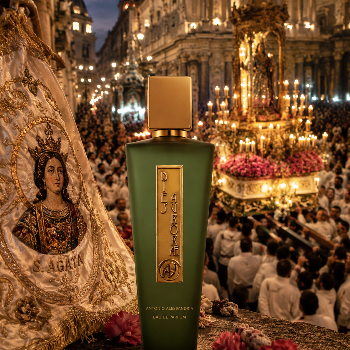 DIES AURORAE Eau de Parfum Antonio Alessandria ambientato all’alba mediterranea con luce dorata e atmosfera elegante