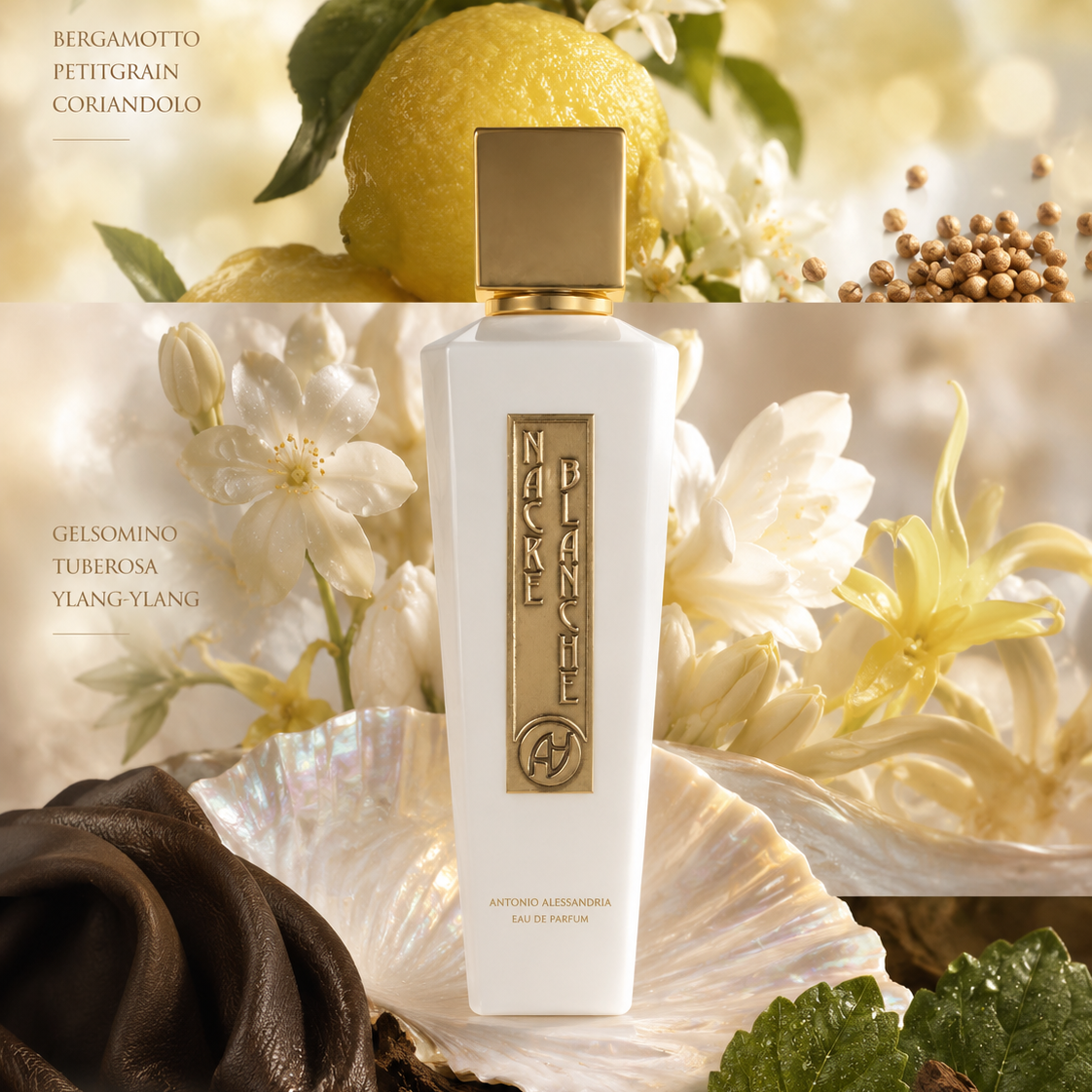Antonio Alessandria Nacre Blanche Eau de Parfum ambientato in uno scenario elegante e luminoso con dettagli luxury e illuminazione raffinata. 