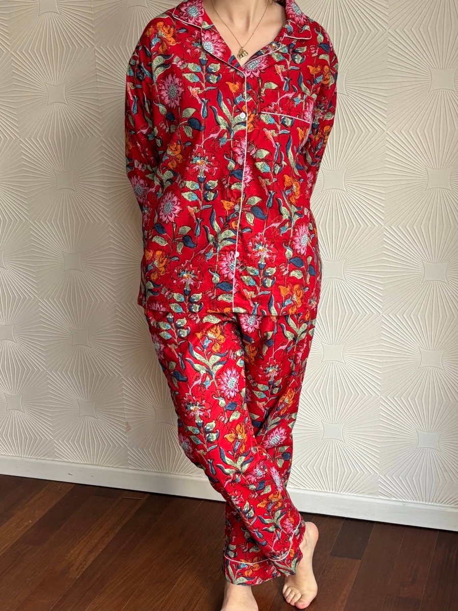 Set pigiama in cotone indiano a fiori rossi - Infinity Concept Store