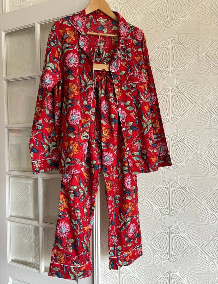 Set pigiama in cotone indiano a fiori rossi - Infinity Concept Store