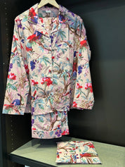 Set pigiama in cotone indiano con fiori rosa chiaro e uccelli - Infinity Concept Store