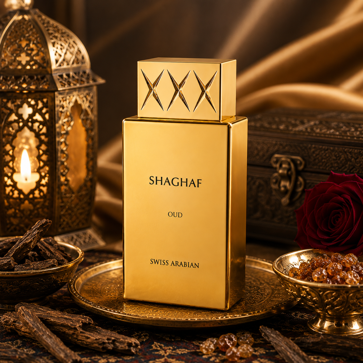 Swiss Arabian Shaghaf Oud Eau de Parfum 75 ml profumo arabo oud bottiglia dorata luxury